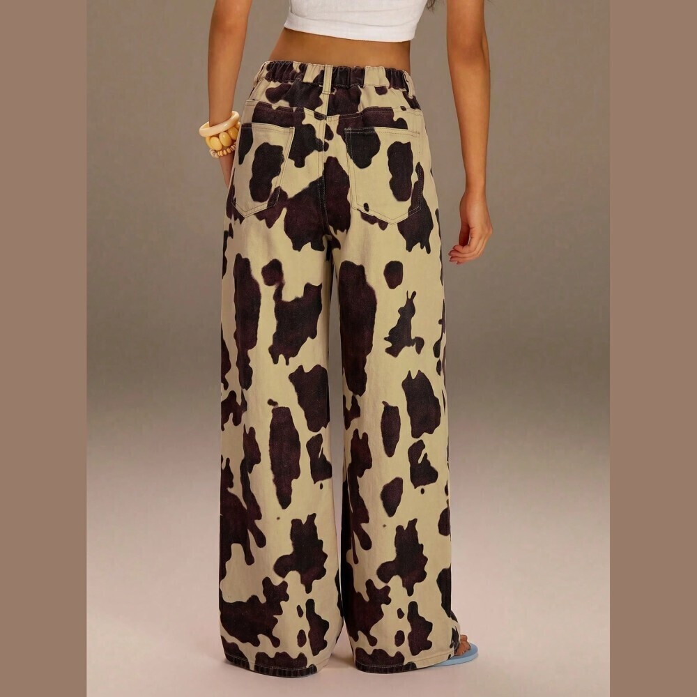 Tan Cow Print Denim Wide Leg Jeans - Picture 4 of 6